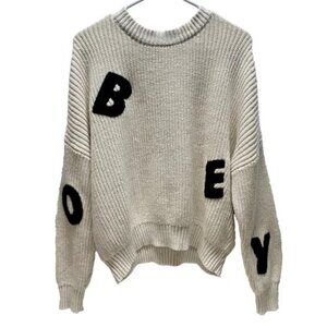 Obey Worldwide Crewneck Sweater Women’s Large Oatmeal Knit Black Patch Logo GUC